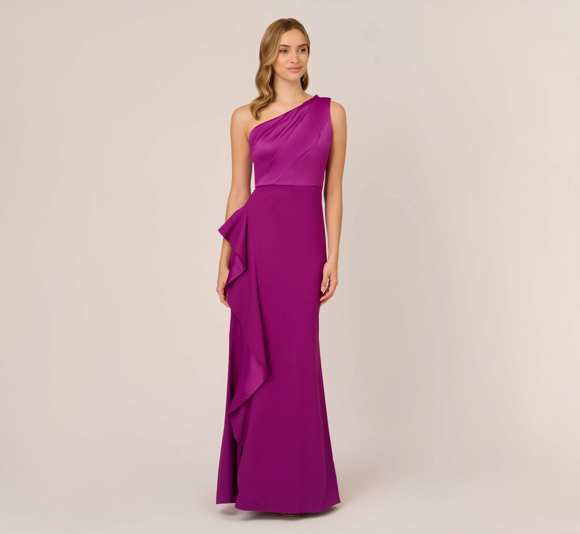Adrianna Papell One-Shoulder Long Satin Crepe Mermaid Gown In Wild Orchid 2 Adrianna Papell One-Shoulder Long Satin Crepe Mermaid Gown In Wild Orchid - Image 2
