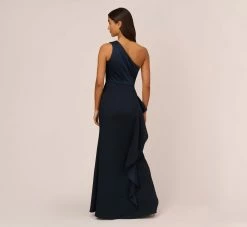 Adrianna Papell One-Shoulder Long Satin Crepe Mermaid Gown In Dark Navy -Adrianna Papell Shop AP1E209309 AV410 Regular Back