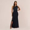 Adrianna Papell One-Shoulder Long Satin Crepe Mermaid Gown In Dark Navy