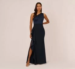 Adrianna Papell One-Shoulder Long Satin Crepe Mermaid Gown In Dark Navy
