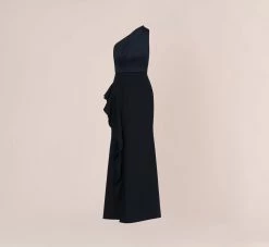 Adrianna Papell One-Shoulder Long Satin Crepe Mermaid Gown In Dark Navy -Adrianna Papell Shop AP1E209309 AV410 Regular Flat