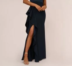 Adrianna Papell One-Shoulder Long Satin Crepe Mermaid Gown In Dark Navy -Adrianna Papell Shop AP1E209309 AV410 Regular Lifestyle