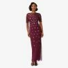 Adrianna Papell Long Hand Beaded 3D Floral Dress With Elbow Sleeves In Cassis