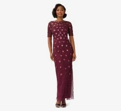 Adrianna Papell Long Hand Beaded 3D Floral Dress With Elbow Sleeves In Cassis