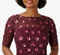 Adrianna Papell Long Hand Beaded 3D Floral Dress With Elbow Sleeves In Cassis -Adrianna Papell Shop AP1E209314 AC507 Regular Detail