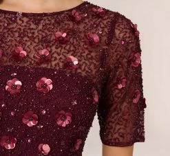 Adrianna Papell Long Hand Beaded 3D Floral Dress With Elbow Sleeves In Cassis -Adrianna Papell Shop AP1E209314 AC507 Regular Lifestyle