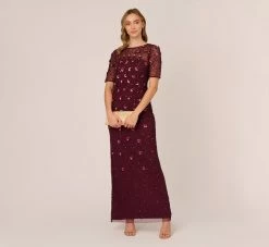 Adrianna Papell Long Hand Beaded 3D Floral Dress With Elbow Sleeves In Cassis -Adrianna Papell Shop AP1E209314 AC507 Regular Side
