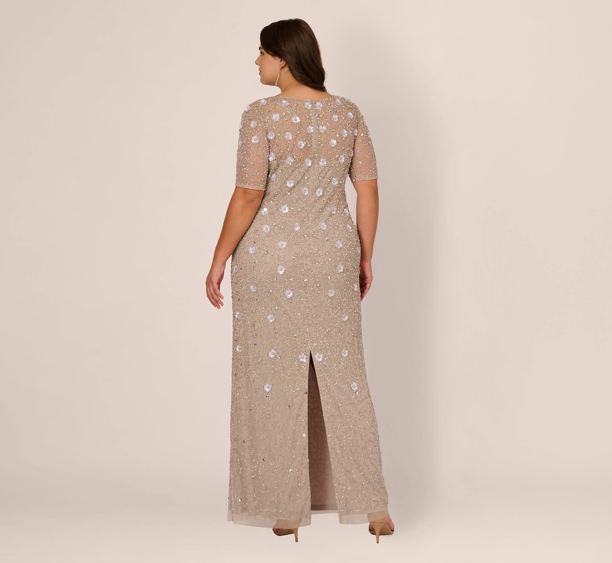 Adrianna Papell Plus Size Long Hand Beaded 3D Floral Dress With Elbow Sleeves In Marble 6 Adrianna Papell Plus Size Long Hand Beaded 3D Floral Dress With Elbow Sleeves In Marble - Image 6