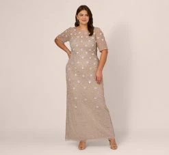 Adrianna Papell Plus Size Long Hand Beaded 3D Floral Dress With Elbow Sleeves In Marble