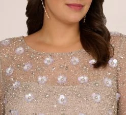 Adrianna Papell Plus Size Long Hand Beaded 3D Floral Dress With Elbow Sleeves In Marble 9 Adrianna Papell Plus Size Long Hand Beaded 3D Floral Dress With Elbow Sleeves In Marble -Adrianna Papell Shop AP1E209314 AE064 Plus Detail