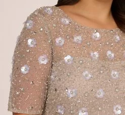 Adrianna Papell Plus Size Long Hand Beaded 3D Floral Dress With Elbow Sleeves In Marble 8 Adrianna Papell Plus Size Long Hand Beaded 3D Floral Dress With Elbow Sleeves In Marble -Adrianna Papell Shop AP1E209314 AE064 Plus Lifestyle