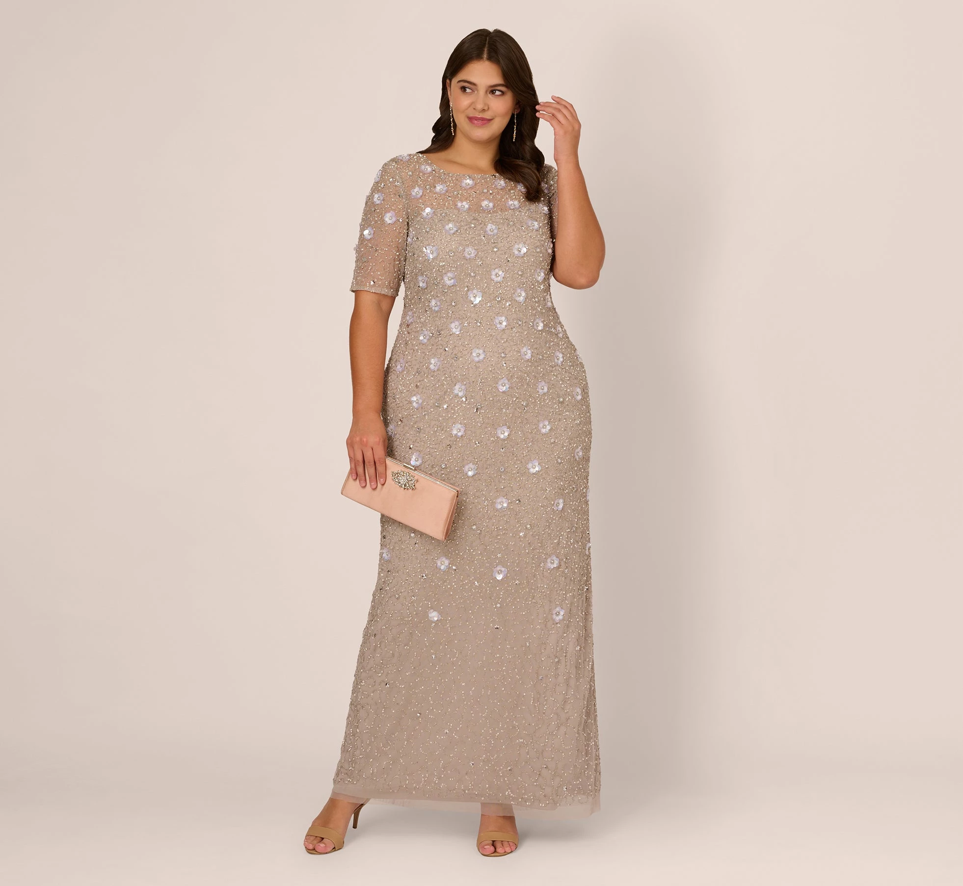 Adrianna Papell Plus Size Long Hand Beaded 3D Floral Dress With Elbow Sleeves In Marble 2 Adrianna Papell Plus Size Long Hand Beaded 3D Floral Dress With Elbow Sleeves In Marble - Image 2