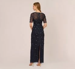 Adrianna Papell Long Hand Beaded 3D Floral Dress With Elbow Sleeves In Dusty Navy 9 Adrianna Papell Long Hand Beaded 3D Floral Dress With Elbow Sleeves In Dusty Navy -Adrianna Papell Shop AP1E209314 AK469 Regular Back