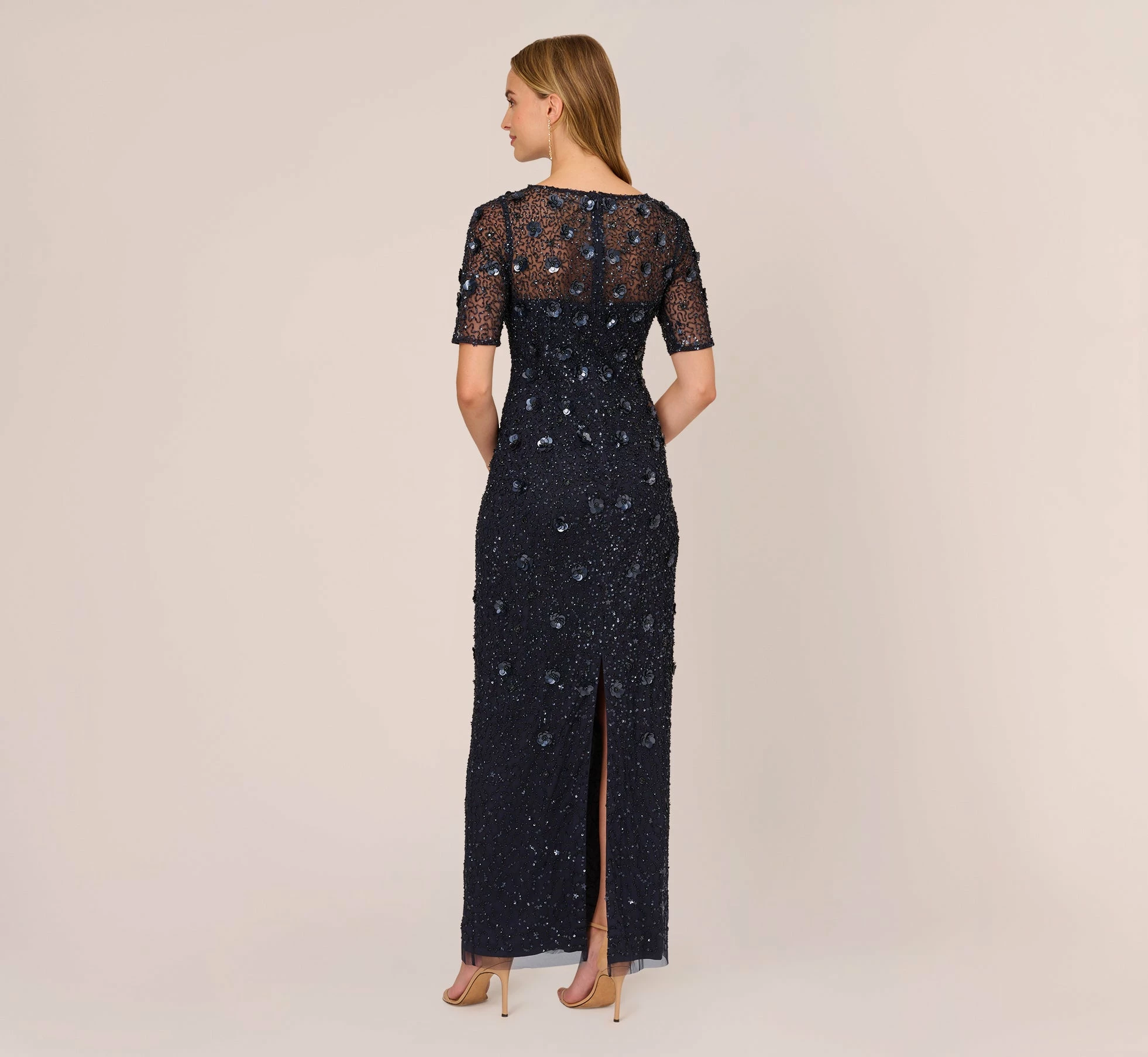 Adrianna Papell Long Hand Beaded 3D Floral Dress With Elbow Sleeves In Dusty Navy 4 Adrianna Papell Long Hand Beaded 3D Floral Dress With Elbow Sleeves In Dusty Navy - Image 4