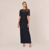 Adrianna Papell Long Hand Beaded 3D Floral Dress With Elbow Sleeves In Dusty Navy