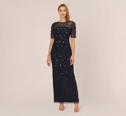 Adrianna Papell Long Hand Beaded 3D Floral Dress With Elbow Sleeves In Dusty Navy