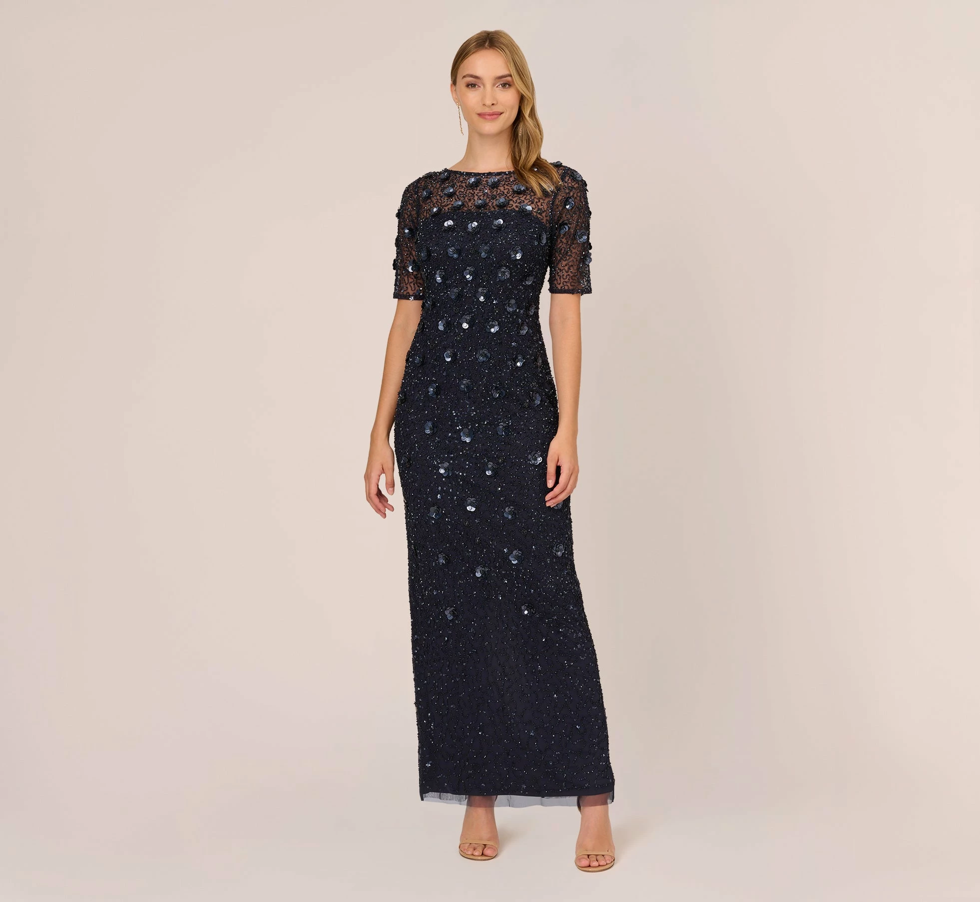 Adrianna Papell Long Hand Beaded 3D Floral Dress With Elbow Sleeves In Dusty Navy 1 Adrianna Papell Long Hand Beaded 3D Floral Dress With Elbow Sleeves In Dusty Navy
