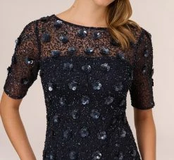 Adrianna Papell Long Hand Beaded 3D Floral Dress With Elbow Sleeves In Dusty Navy 8 Adrianna Papell Long Hand Beaded 3D Floral Dress With Elbow Sleeves In Dusty Navy -Adrianna Papell Shop AP1E209314 AK469 Regular Detail
