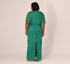 Adrianna Papell Plus Size Hand-Beaded Illusion Long Column Blouson Gown In Jungle Green -Adrianna Papell Shop AP1E209335 AH314 Plus Back