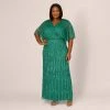 Adrianna Papell Plus Size Hand-Beaded Illusion Long Column Blouson Gown In Jungle Green