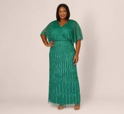 Adrianna Papell Plus Size Hand-Beaded Illusion Long Column Blouson Gown In Jungle Green