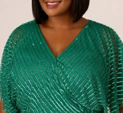Adrianna Papell Plus Size Hand-Beaded Illusion Long Column Blouson Gown In Jungle Green -Adrianna Papell Shop AP1E209335 AH314 Plus Detail