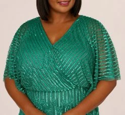 Adrianna Papell Plus Size Hand-Beaded Illusion Long Column Blouson Gown In Jungle Green -Adrianna Papell Shop AP1E209335 AH314 Plus Lifestyle