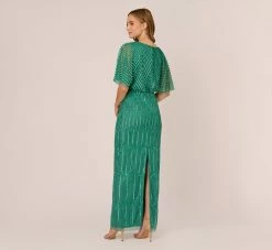 Adrianna Papell Hand-Beaded Illusion Long Column Blouson Gown In Jungle Green -Adrianna Papell Shop AP1E209335 AH314 Regular Back