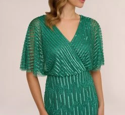 Adrianna Papell Hand-Beaded Illusion Long Column Blouson Gown In Jungle Green -Adrianna Papell Shop AP1E209335 AH314 Regular Lifestyle