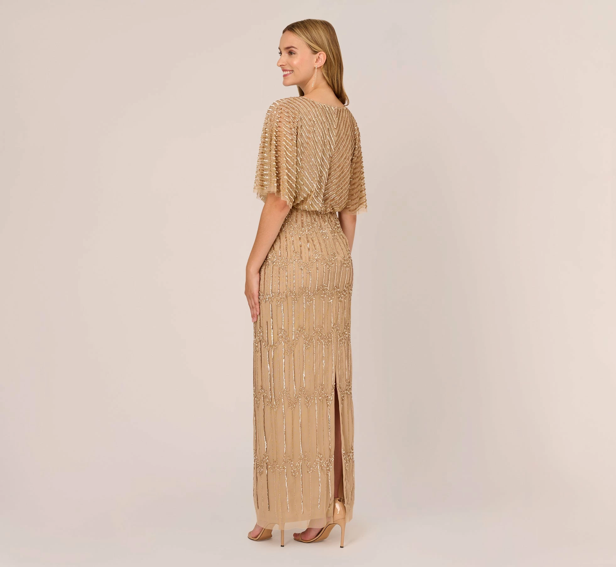 Adrianna Papell Hand-Beaded Illusion Long Column Blouson Gown In Champagne Gold 4 Adrianna Papell Hand-Beaded Illusion Long Column Blouson Gown In Champagne Gold - Image 4