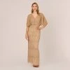Adrianna Papell Hand-Beaded Illusion Long Column Blouson Gown In Champagne Gold