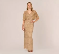 Adrianna Papell Hand-Beaded Illusion Long Column Blouson Gown In Champagne Gold