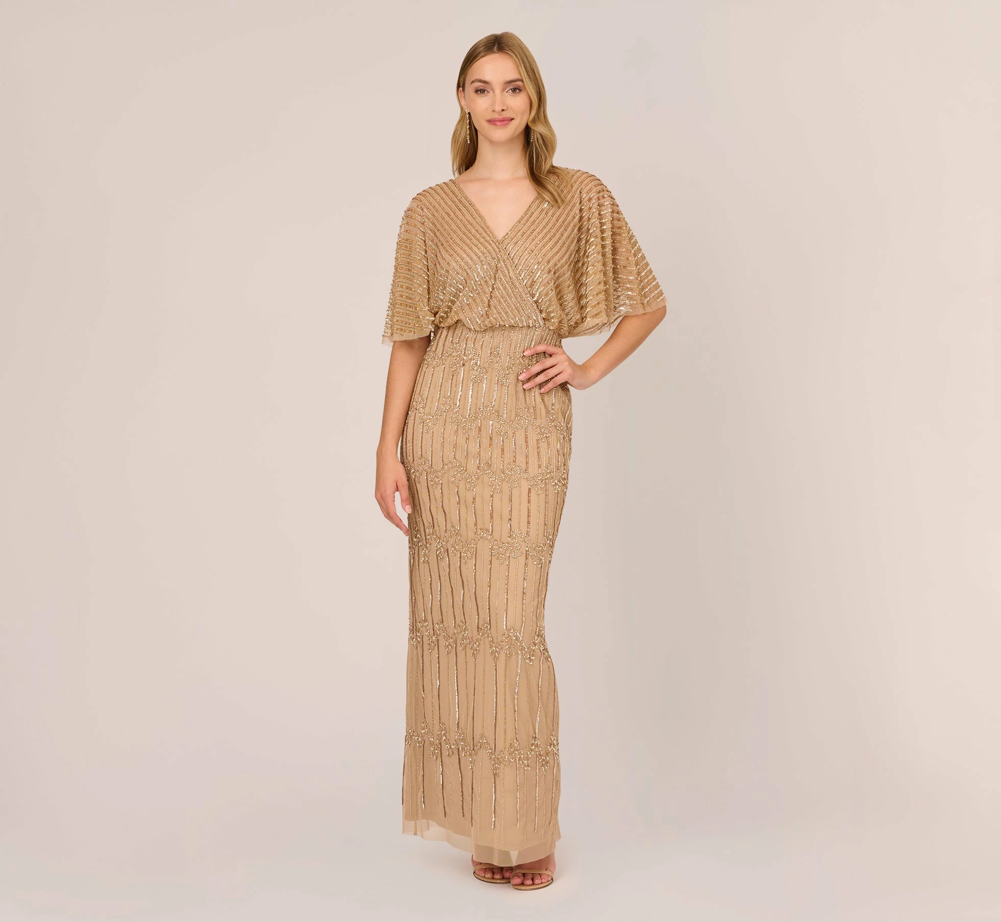 Adrianna Papell Hand-Beaded Illusion Long Column Blouson Gown In Champagne Gold 1 Adrianna Papell Hand-Beaded Illusion Long Column Blouson Gown In Champagne Gold