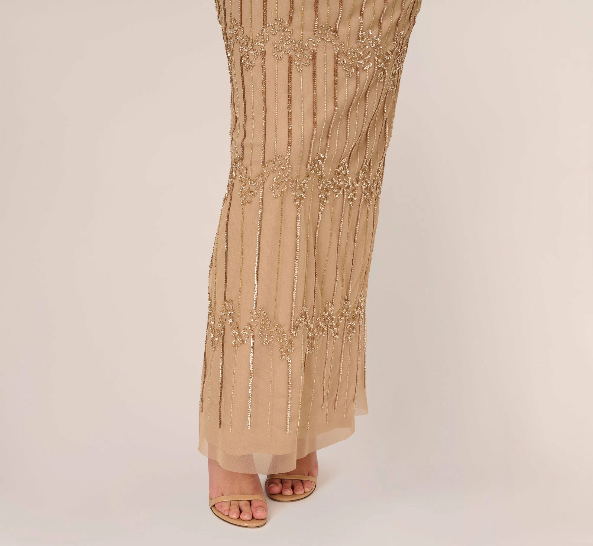 Adrianna Papell Hand-Beaded Illusion Long Column Blouson Gown In Champagne Gold 5 Adrianna Papell Hand-Beaded Illusion Long Column Blouson Gown In Champagne Gold - Image 5