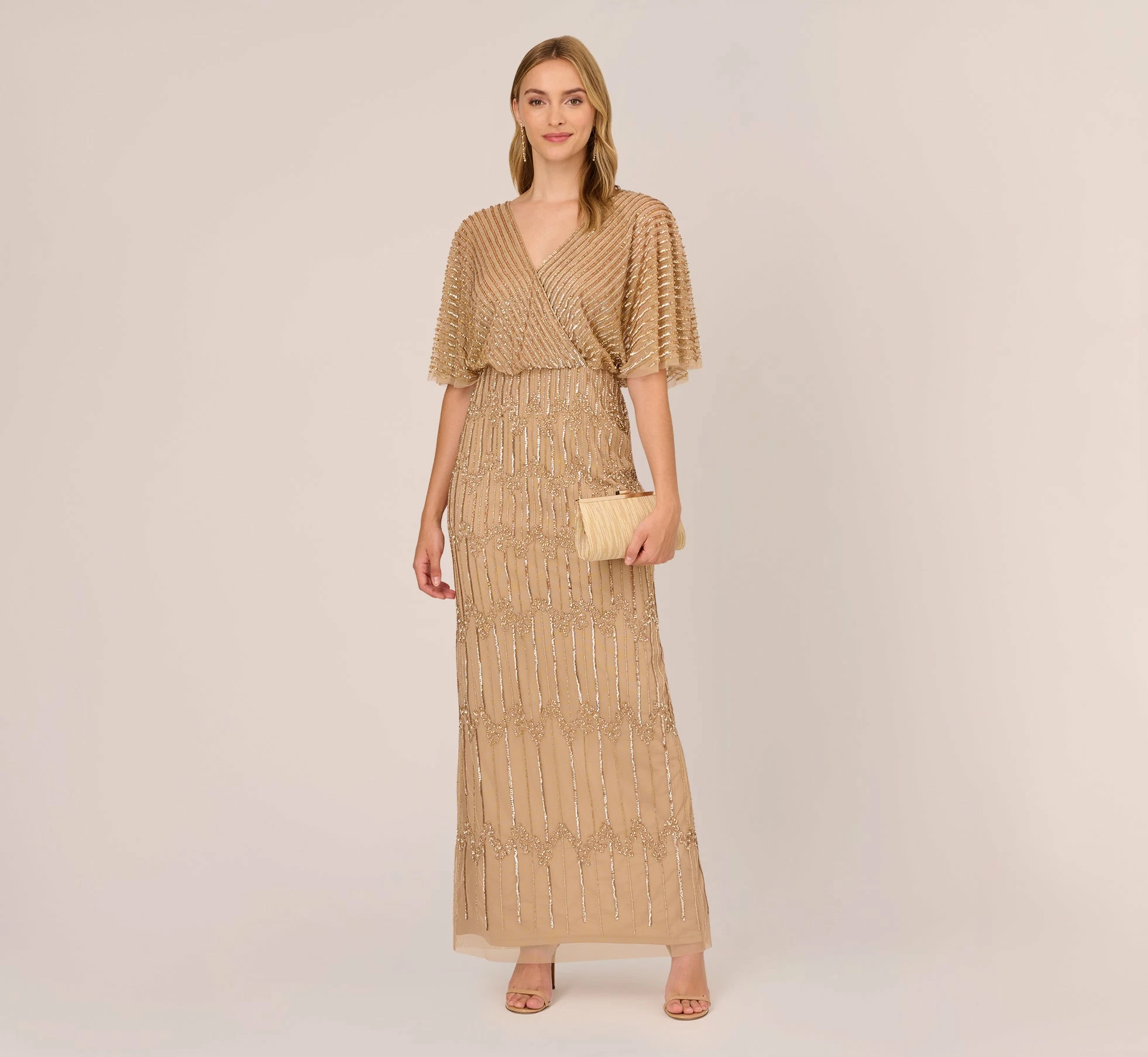 Adrianna Papell Hand-Beaded Illusion Long Column Blouson Gown In Champagne Gold 2 Adrianna Papell Hand-Beaded Illusion Long Column Blouson Gown In Champagne Gold - Image 2