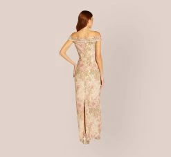 Adrianna Papell Floral Off-The-Shoulder Matelasse Column Gown In Rose Multi -Adrianna Papell Shop AP1E209338 AE590 Regular Back