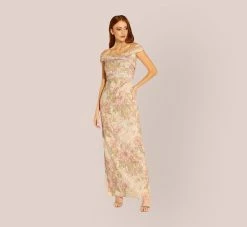 Adrianna Papell Floral Off-The-Shoulder Matelasse Column Gown In Rose Multi