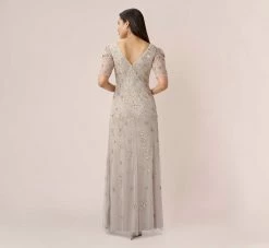Adrianna Papell Hand-Beaded Long Gown With Elbow Sleeves In Marble -Adrianna Papell Shop AP1E209347 AE064 Regular Back