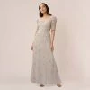 Adrianna Papell Hand-Beaded Long Gown With Elbow Sleeves In Marble