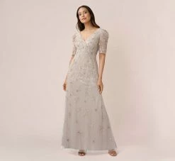 Adrianna Papell Hand-Beaded Long Gown With Elbow Sleeves In Marble