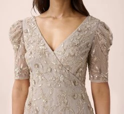 Adrianna Papell Hand-Beaded Long Gown With Elbow Sleeves In Marble -Adrianna Papell Shop AP1E209347 AE064 Regular Detail