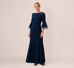Adrianna Papell Beaded Crepe Long Fit-And-Flare Gown In Midnight
