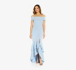 Adrianna Papell Off-The-Shoulder Crepe High-Low Gown With Ruffle In Elegant Sky -Adrianna Papell Shop AP1E209457 AC497 Regular Alternate