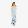 Adrianna Papell Off-The-Shoulder Crepe High-Low Gown With Ruffle In Elegant Sky