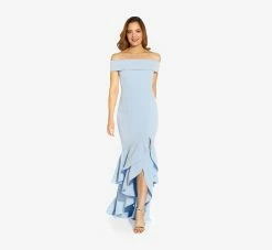 Adrianna Papell Off-The-Shoulder Crepe High-Low Gown With Ruffle In Elegant Sky