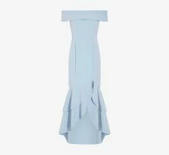 Adrianna Papell Off-The-Shoulder Crepe High-Low Gown With Ruffle In Elegant Sky -Adrianna Papell Shop AP1E209457 AC497 Regular Flat