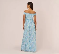 Adrianna Papell Floral-Print Off-The-Shoulder Chiffon Long Gown In Blue Multi -Adrianna Papell Shop AP1E209472 AA461 Regular Back