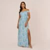 Adrianna Papell Floral-Print Off-The-Shoulder Chiffon Long Gown In Blue Multi