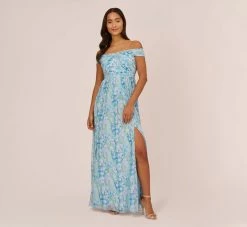 Adrianna Papell Floral-Print Off-The-Shoulder Chiffon Long Gown In Blue Multi