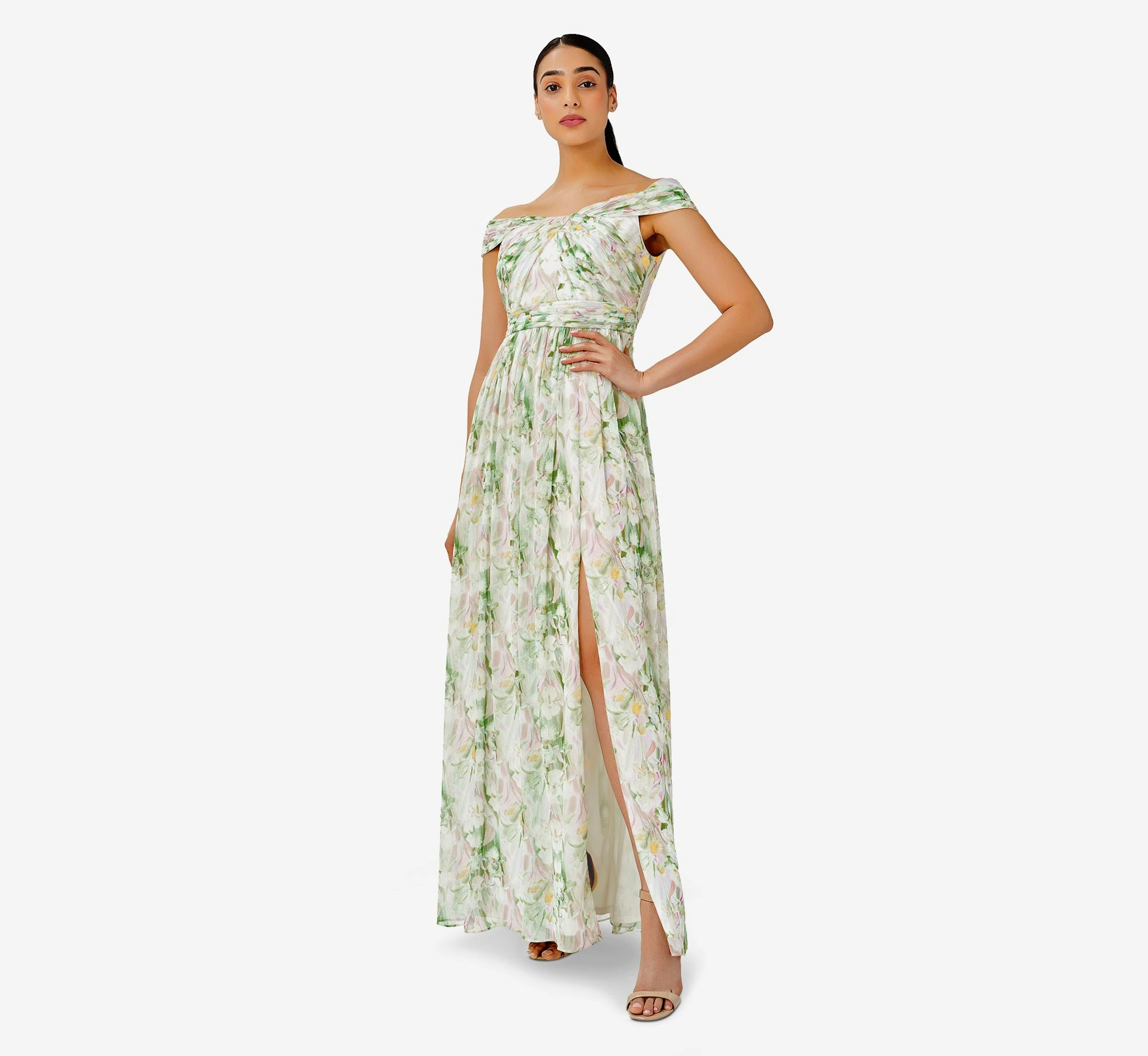 Adrianna Papell Floral-Print Off-The-Shoulder Chiffon Long Gown In Spring Mint Multi 2 Adrianna Papell Floral-Print Off-The-Shoulder Chiffon Long Gown In Spring Mint Multi - Image 2